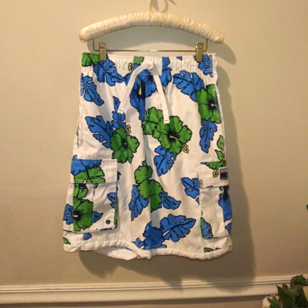 Vintage Aeropostale White Turquoise & Green Hibiscus Print Board Shorts